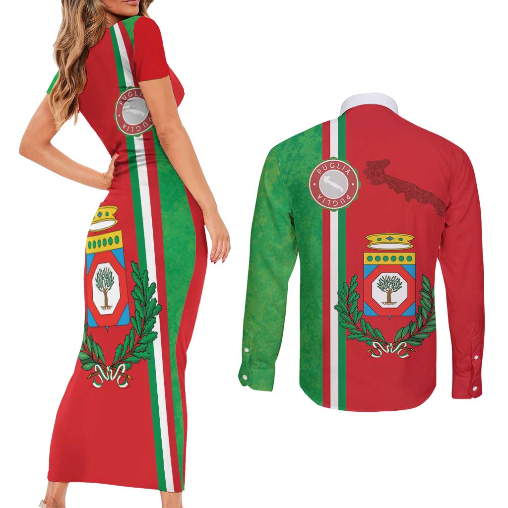 Italy Apulia Couples Matching Short Sleeve Bodycon Dress and Long Sleeve Button Shirt Map Of Apulia With Coat Of Arms LT19