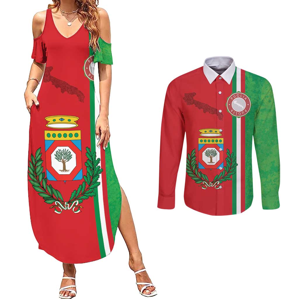 Italy Apulia Couples Matching Summer Maxi Dress and Long Sleeve Button Shirt Map Of Apulia With Coat Of Arms LT19