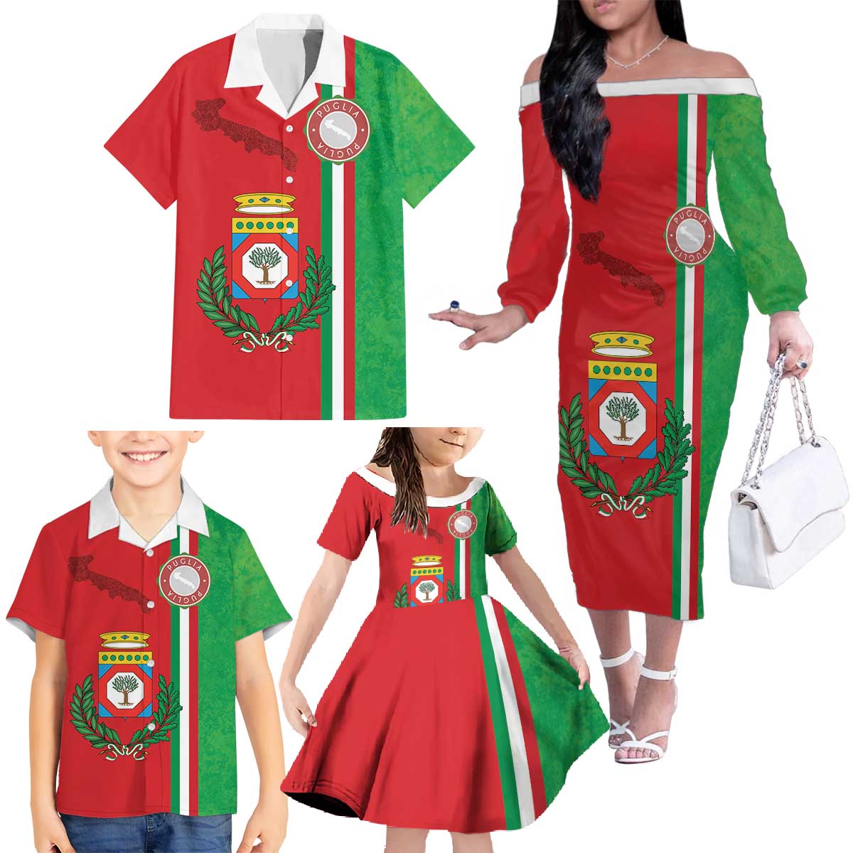 Italy Apulia Family Matching Off The Shoulder Long Sleeve Dress and Hawaiian Shirt Map Of Apulia With Coat Of Arms LT19