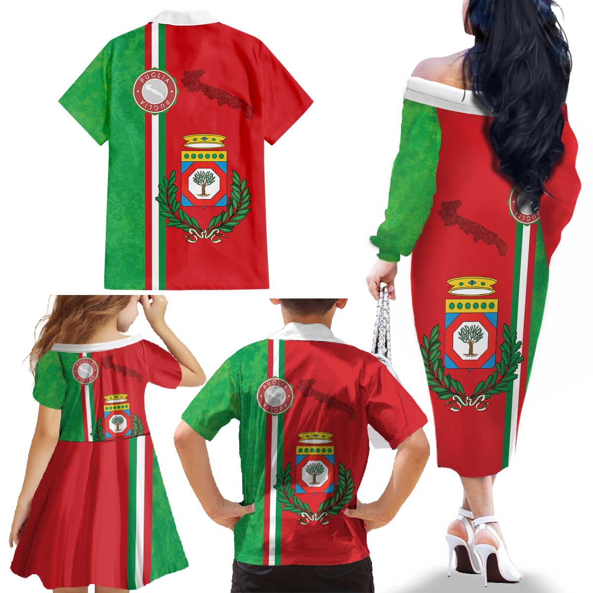 Italy Apulia Family Matching Off The Shoulder Long Sleeve Dress and Hawaiian Shirt Map Of Apulia With Coat Of Arms LT19