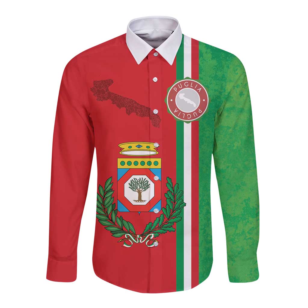 Italy Apulia Long Sleeve Button Shirt Map Of Apulia With Coat Of Arms LT19