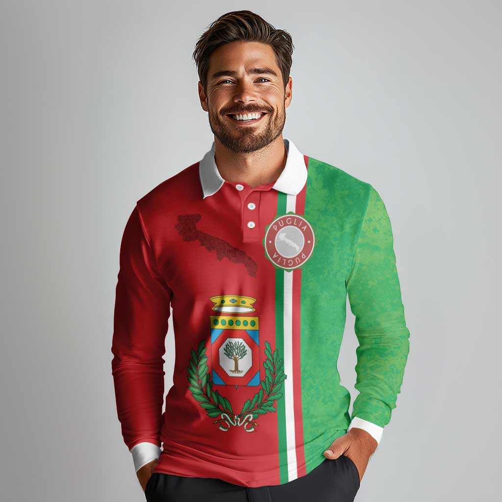 Italy Apulia Long Sleeve Polo Shirt Map Of Apulia With Coat Of Arms LT19