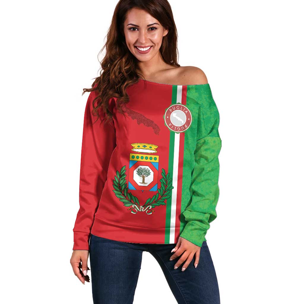Italy Apulia Off Shoulder Sweater Map Of Apulia With Coat Of Arms LT19