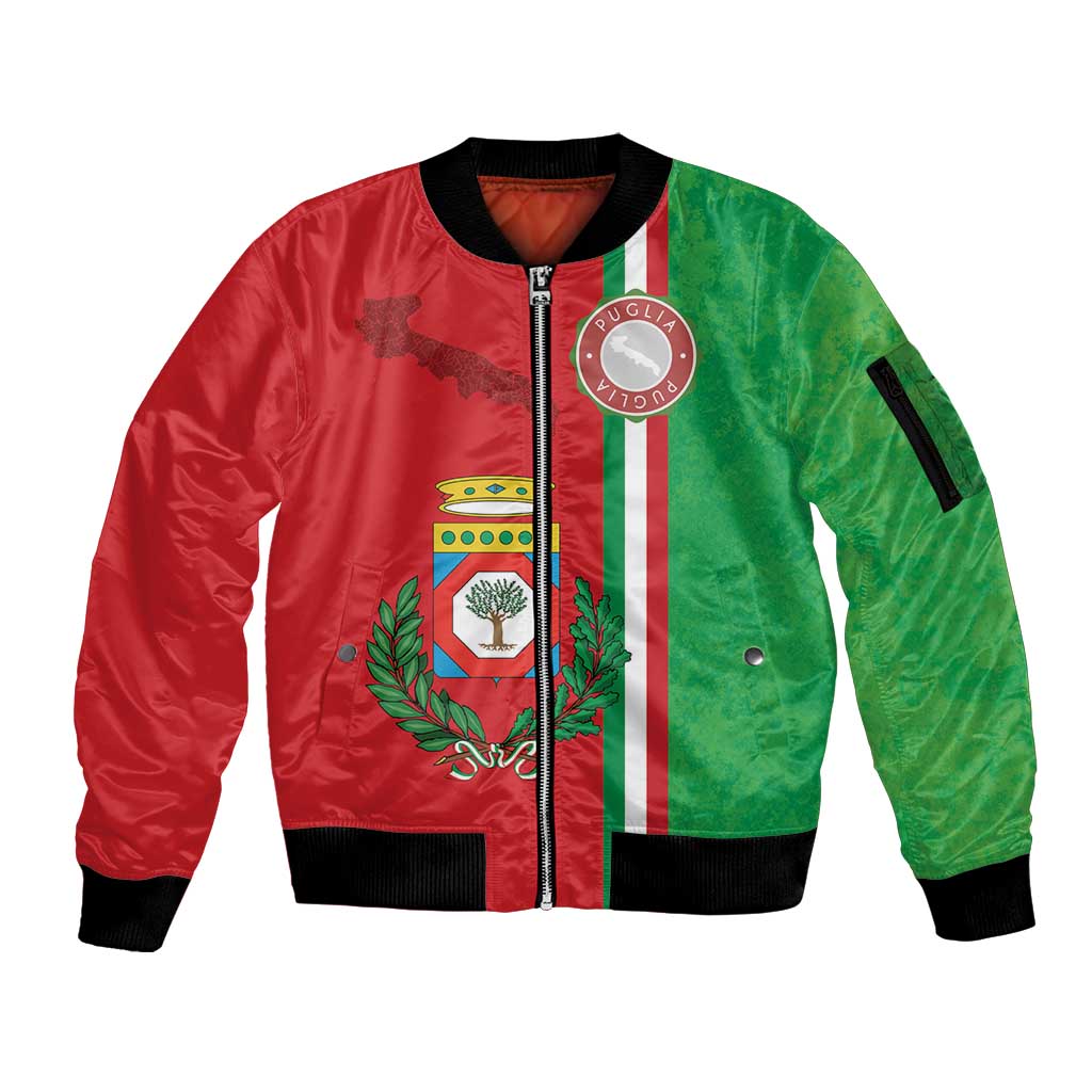 Italy Apulia Sleeve Zip Bomber Jacket Map Of Apulia With Coat Of Arms LT19