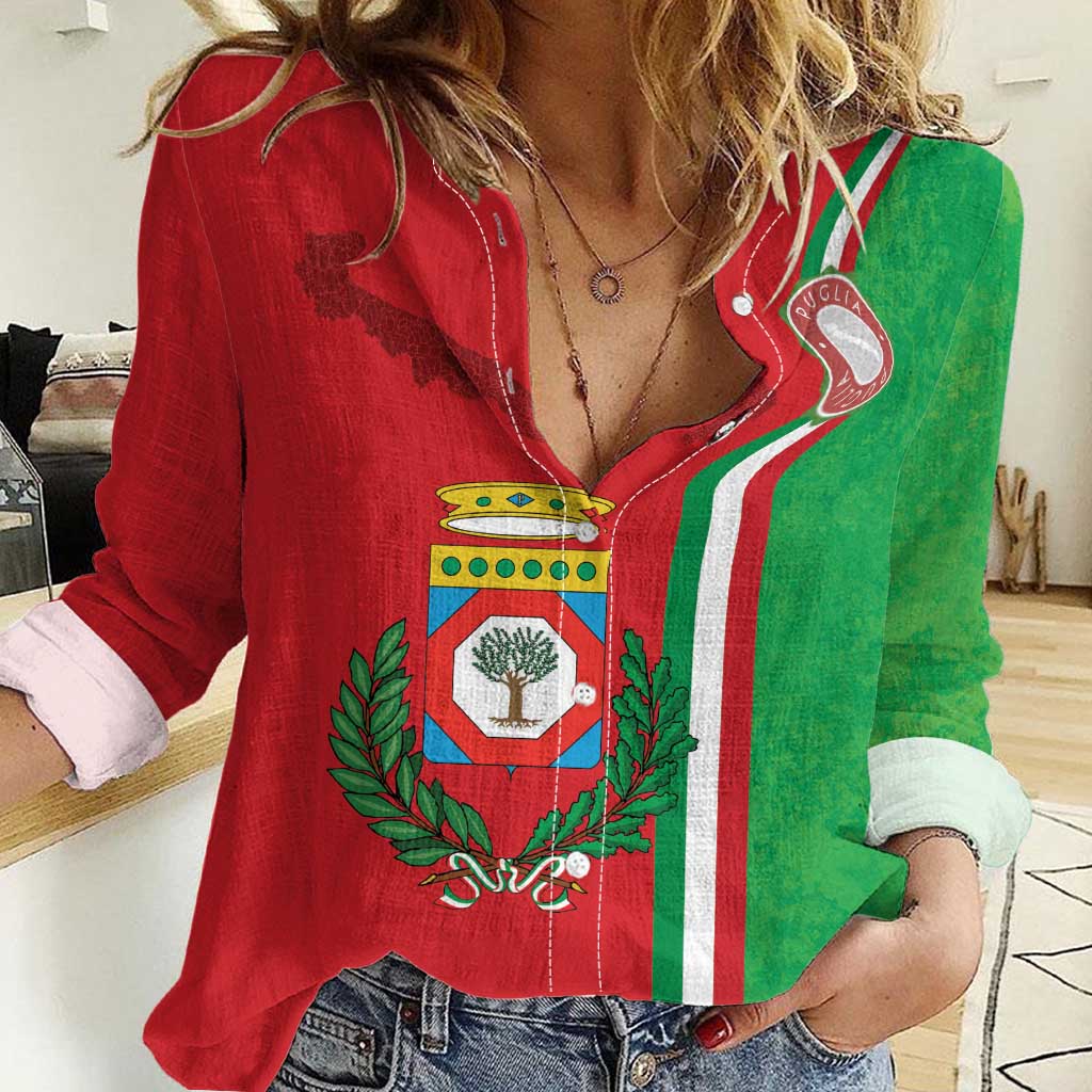 Italy Apulia Women Casual Shirt Map Of Apulia With Coat Of Arms - Wonder Print Shop