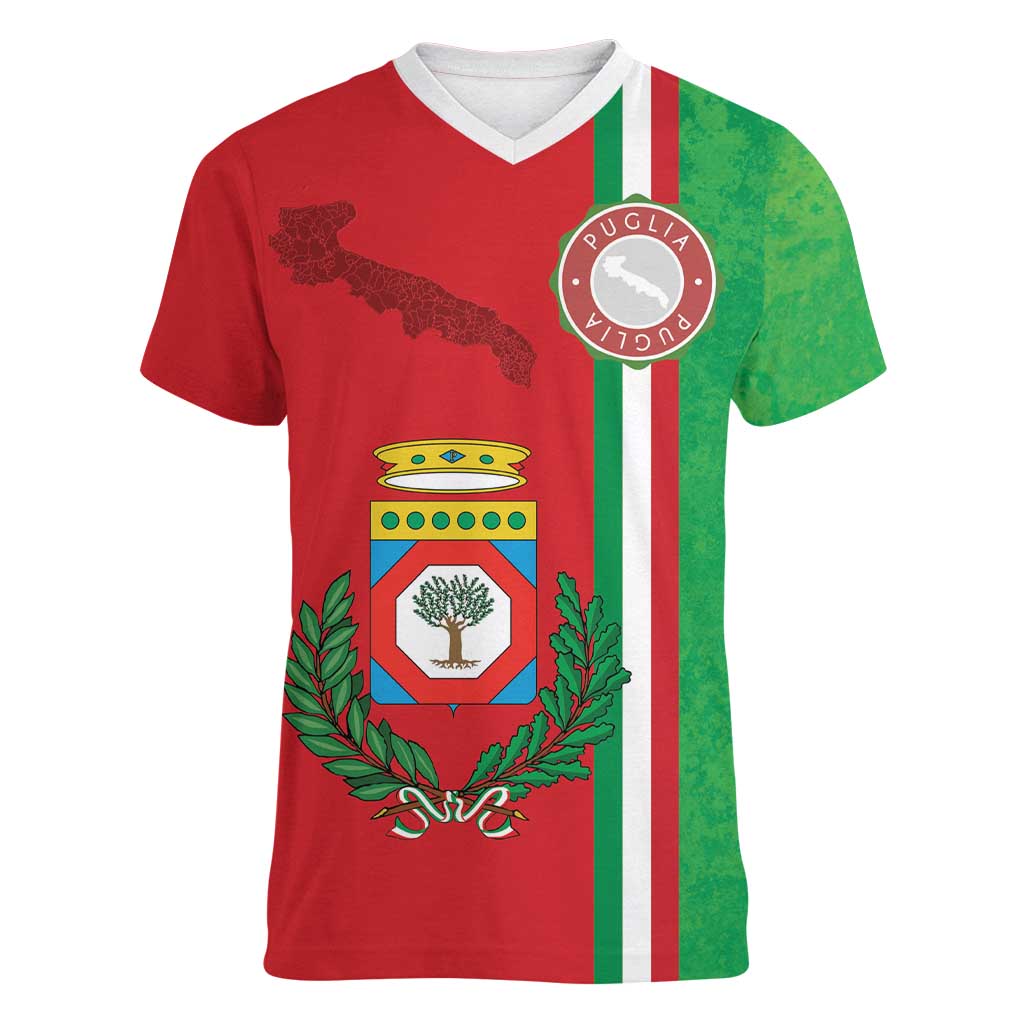 Italy Apulia Women V-Neck T-Shirt Map Of Apulia With Coat Of Arms - Wonder Print Shop