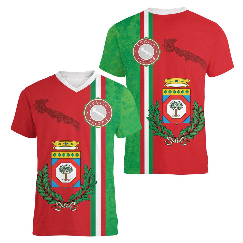 Italy Apulia Women V-Neck T-Shirt Map Of Apulia With Coat Of Arms LT19