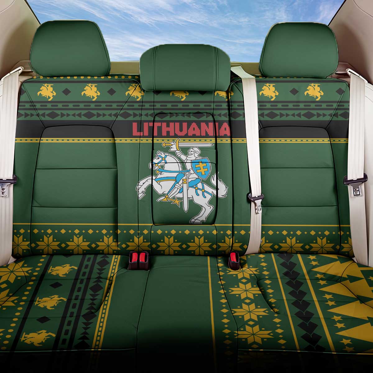 Lithuania Christmas Back Car Seat Cover Coat Of Arms Linksmu Kaledu - Wonder Print Shop