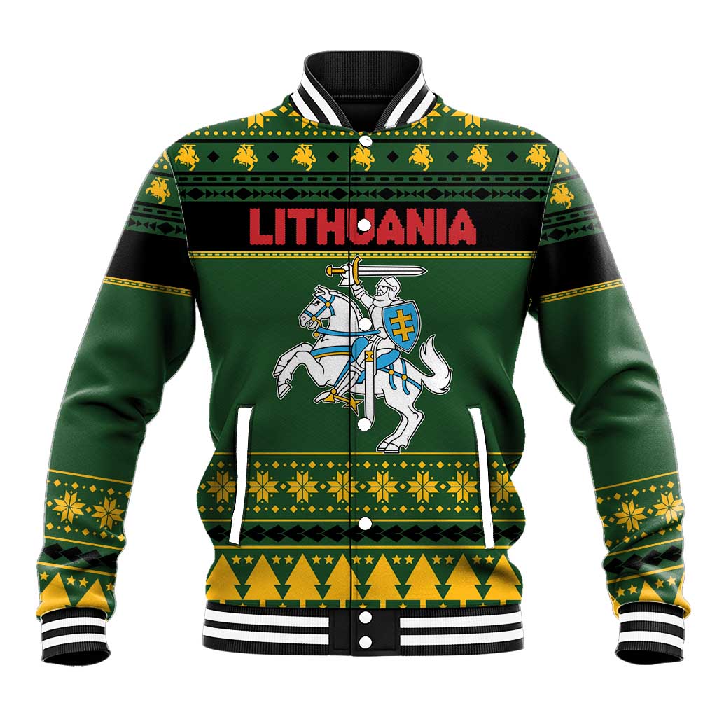 Lithuania Christmas Baseball Jacket Coat Of Arms Linksmu Kaledu - Wonder Print Shop
