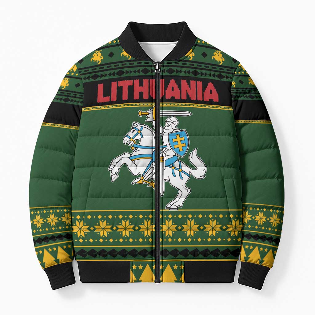 Lithuania Christmas Bomber Puffer Jacket Coat Of Arms Linksmu Kaledu - Wonder Print Shop