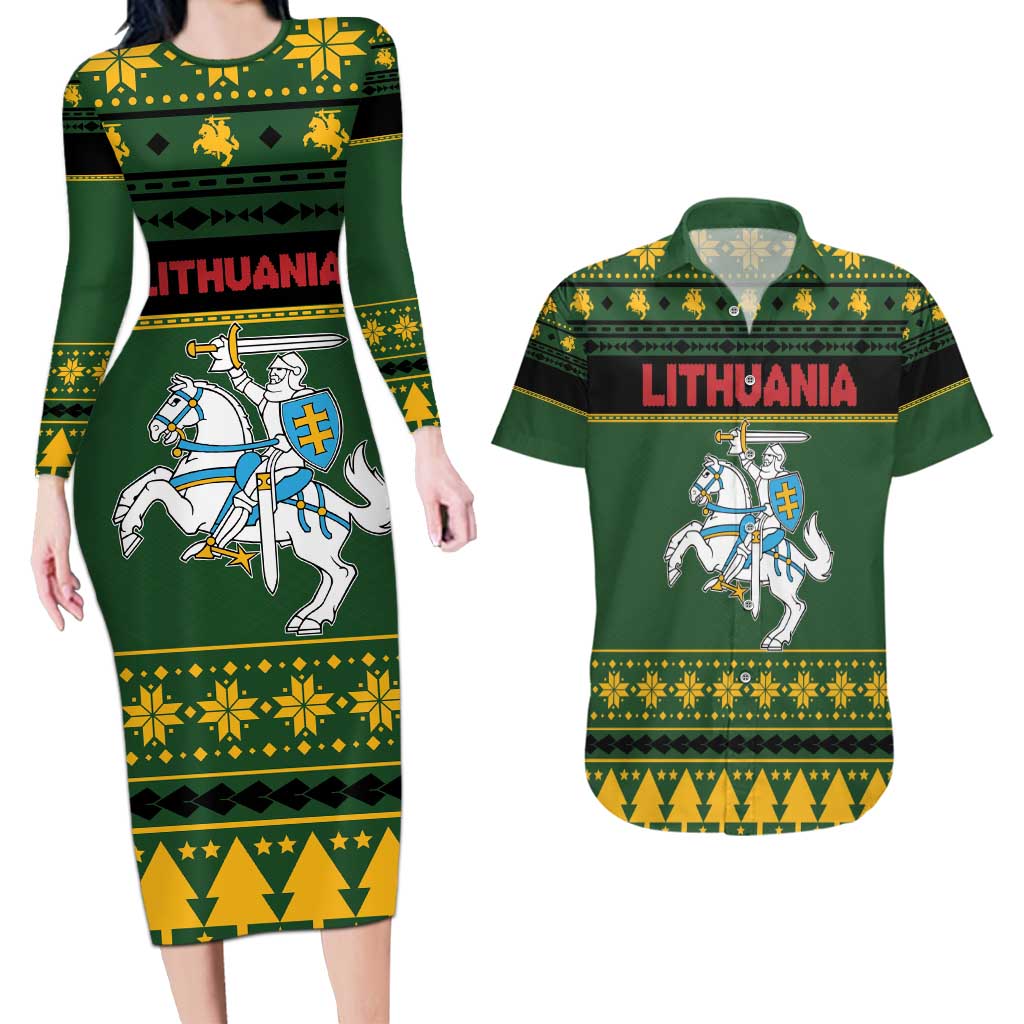 Lithuania Christmas Couples Matching Long Sleeve Bodycon Dress and Hawaiian Shirt Coat Of Arms Linksmu Kaledu - Wonder Print Shop