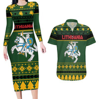 Lithuania Christmas Couples Matching Long Sleeve Bodycon Dress and Hawaiian Shirt Coat Of Arms Linksmu Kaledu - Wonder Print Shop