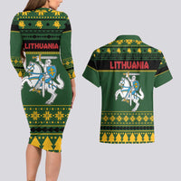 Lithuania Christmas Couples Matching Long Sleeve Bodycon Dress and Hawaiian Shirt Coat Of Arms Linksmu Kaledu - Wonder Print Shop