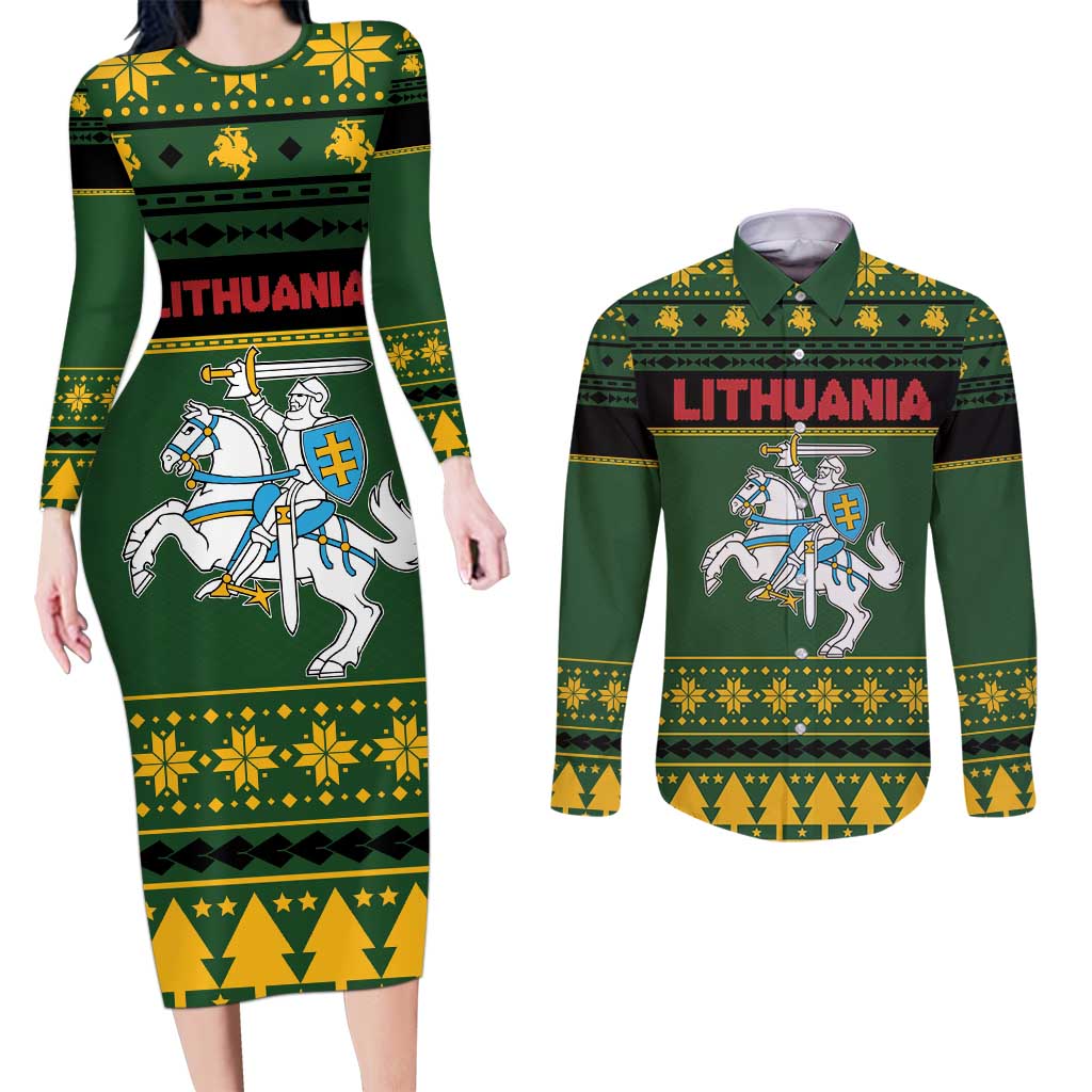 Lithuania Christmas Couples Matching Long Sleeve Bodycon Dress and Long Sleeve Button Shirt Coat Of Arms Linksmu Kaledu - Wonder Print Shop
