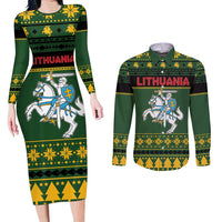 Lithuania Christmas Couples Matching Long Sleeve Bodycon Dress and Long Sleeve Button Shirt Coat Of Arms Linksmu Kaledu - Wonder Print Shop