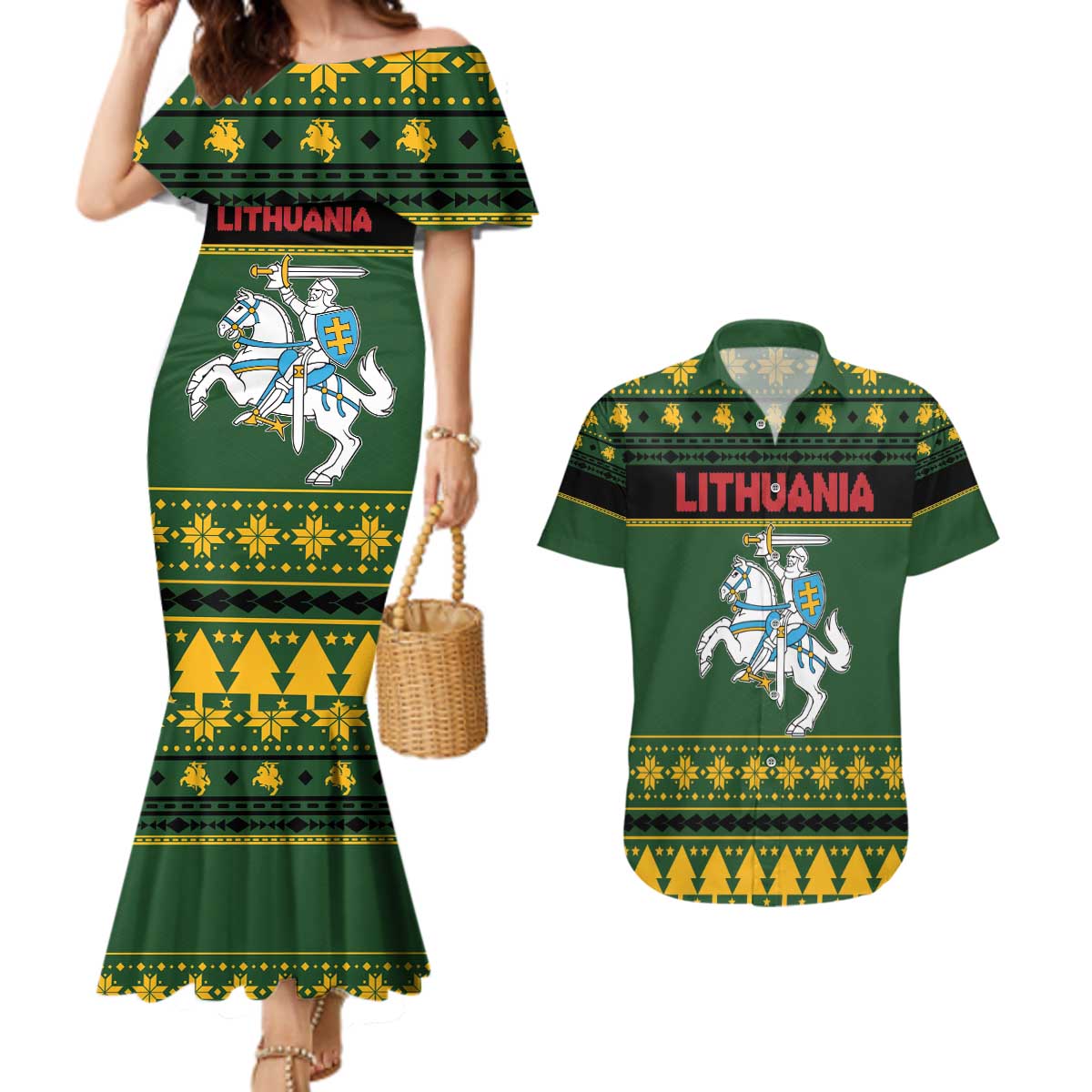 Lithuania Christmas Couples Matching Mermaid Dress and Hawaiian Shirt Coat Of Arms Linksmu Kaledu - Wonder Print Shop