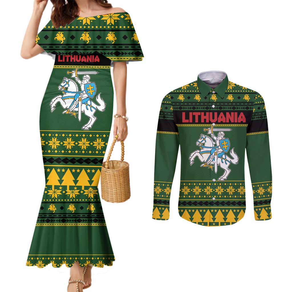 Lithuania Christmas Couples Matching Mermaid Dress and Long Sleeve Button Shirt Coat Of Arms Linksmu Kaledu - Wonder Print Shop