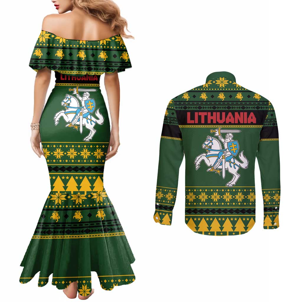 Lithuania Christmas Couples Matching Mermaid Dress and Long Sleeve Button Shirt Coat Of Arms Linksmu Kaledu - Wonder Print Shop