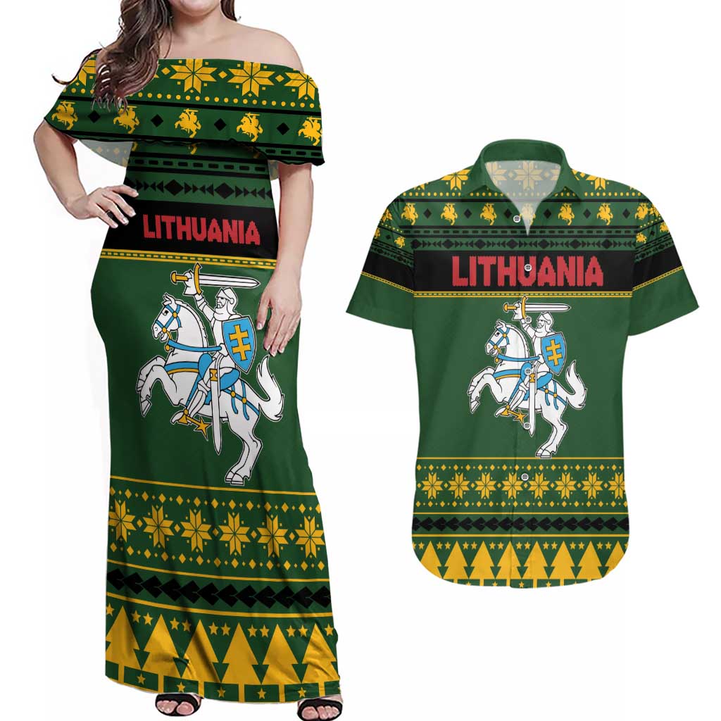 Lithuania Christmas Couples Matching Off Shoulder Maxi Dress and Hawaiian Shirt Coat Of Arms Linksmu Kaledu - Wonder Print Shop