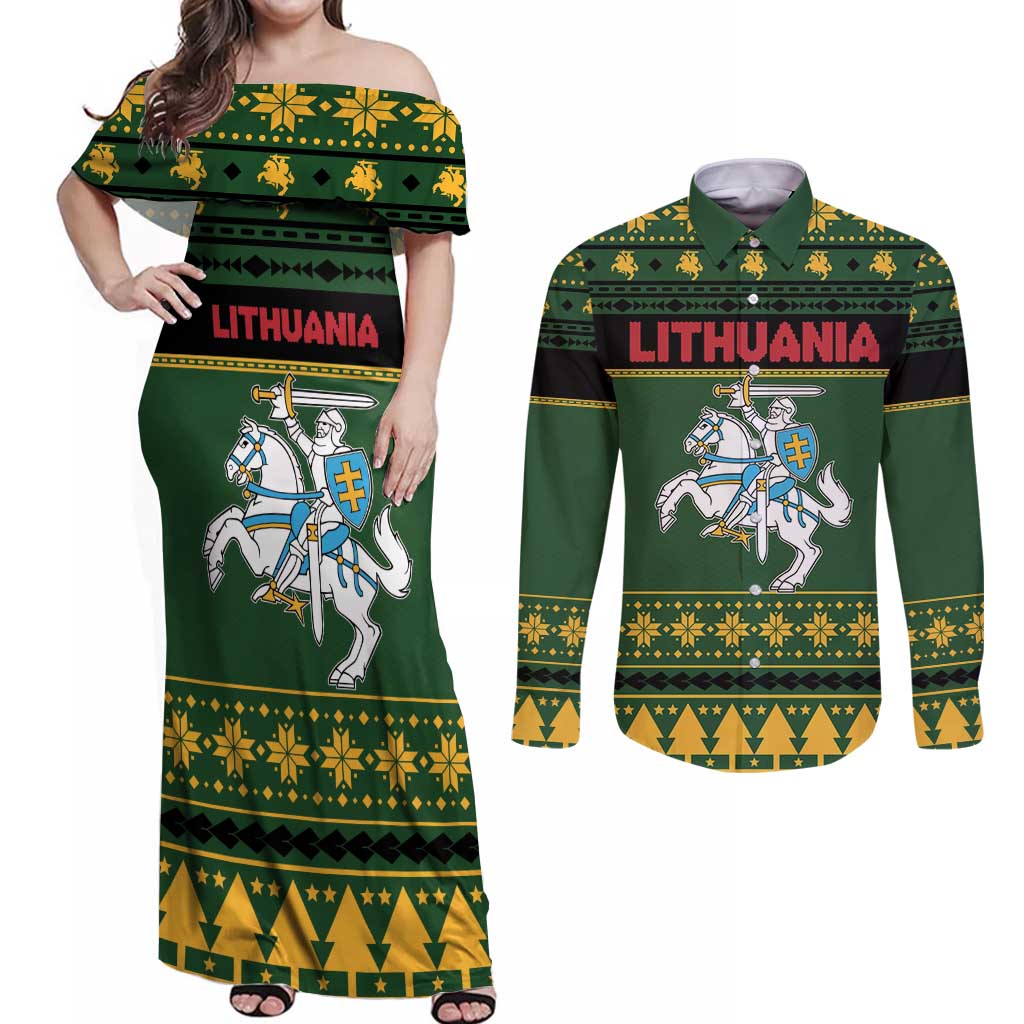 Lithuania Christmas Couples Matching Off Shoulder Maxi Dress and Long Sleeve Button Shirt Coat Of Arms Linksmu Kaledu - Wonder Print Shop