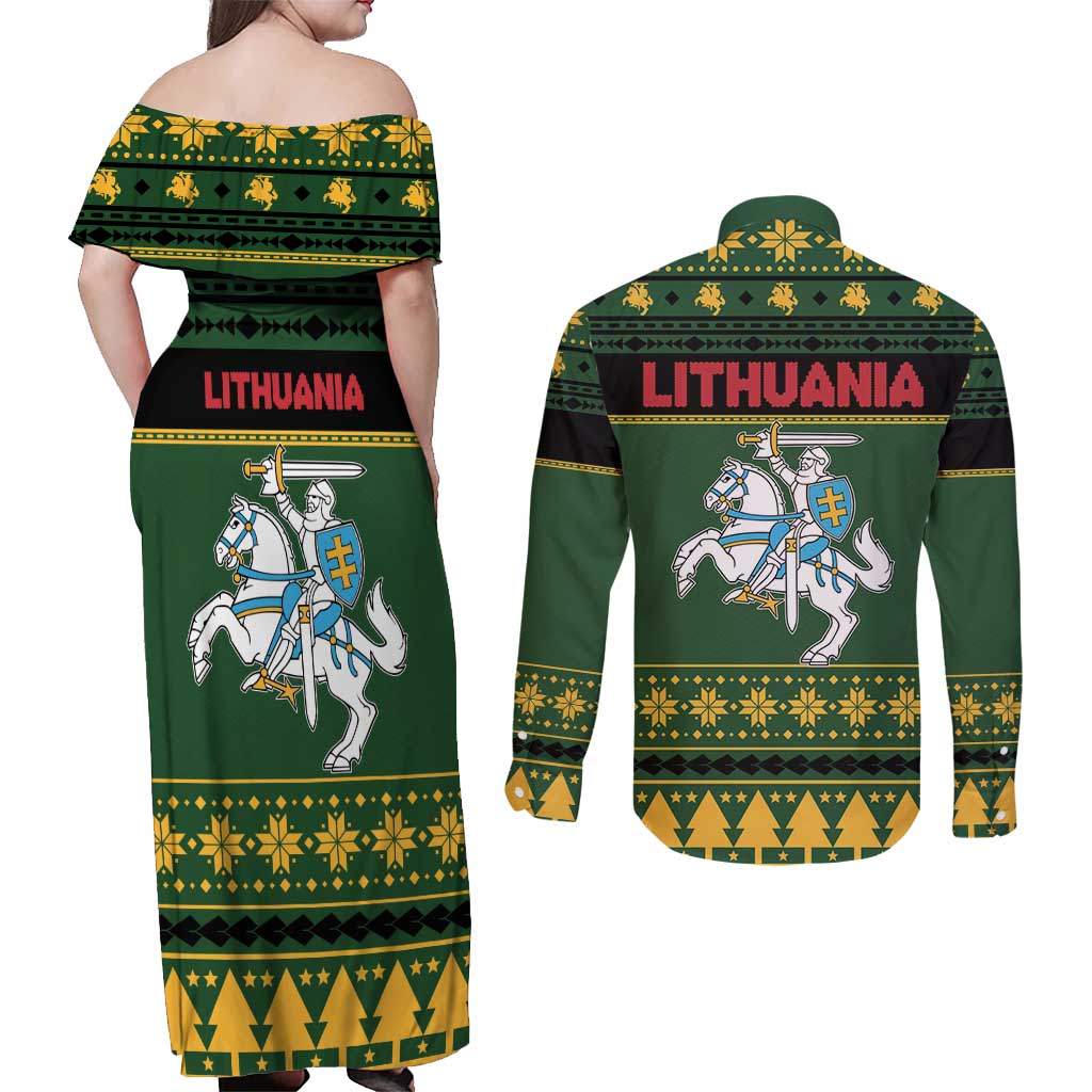 Lithuania Christmas Couples Matching Off Shoulder Maxi Dress and Long Sleeve Button Shirt Coat Of Arms Linksmu Kaledu - Wonder Print Shop