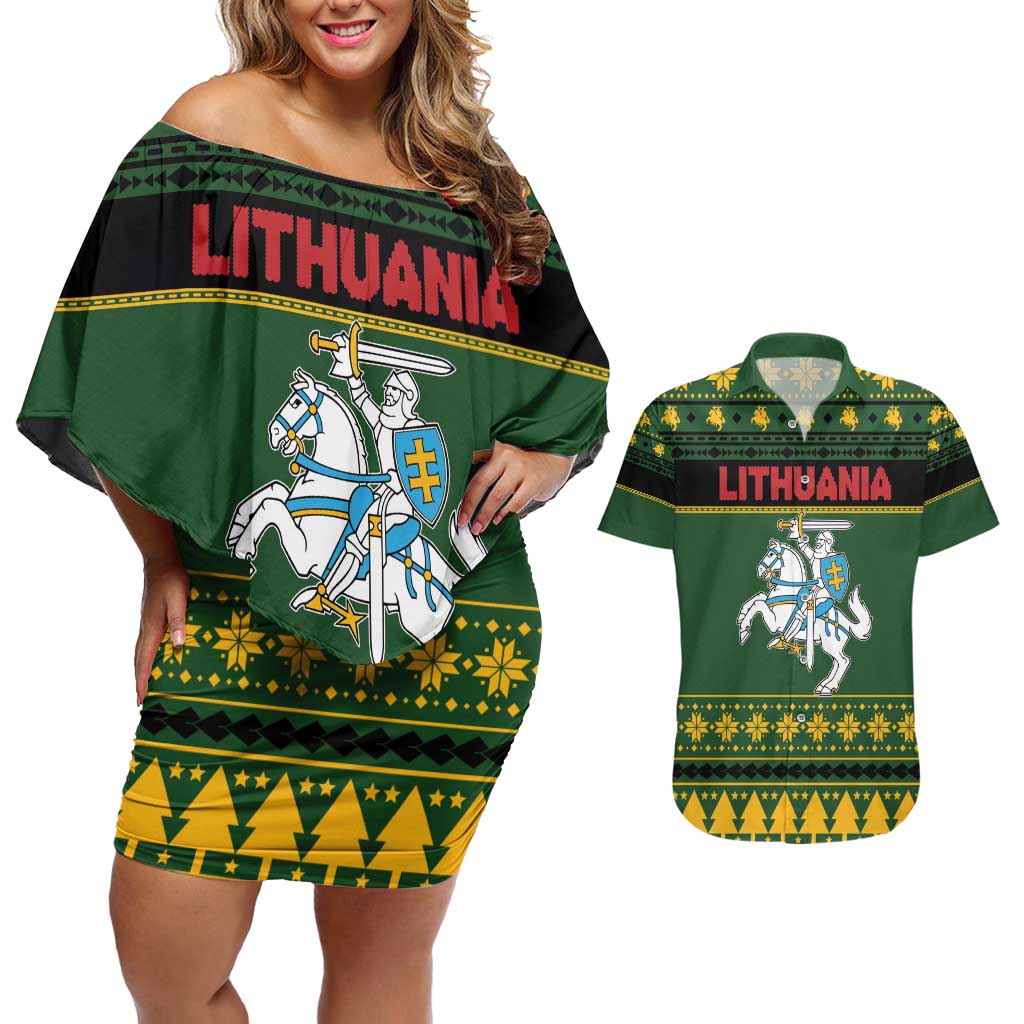Lithuania Christmas Couples Matching Off Shoulder Short Dress and Hawaiian Shirt Coat Of Arms Linksmu Kaledu - Wonder Print Shop