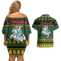 Lithuania Christmas Couples Matching Off Shoulder Short Dress and Hawaiian Shirt Coat Of Arms Linksmu Kaledu - Wonder Print Shop