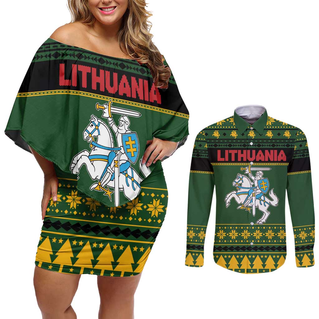 Lithuania Christmas Couples Matching Off Shoulder Short Dress and Long Sleeve Button Shirt Coat Of Arms Linksmu Kaledu - Wonder Print Shop