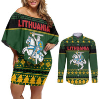 Lithuania Christmas Couples Matching Off Shoulder Short Dress and Long Sleeve Button Shirt Coat Of Arms Linksmu Kaledu - Wonder Print Shop
