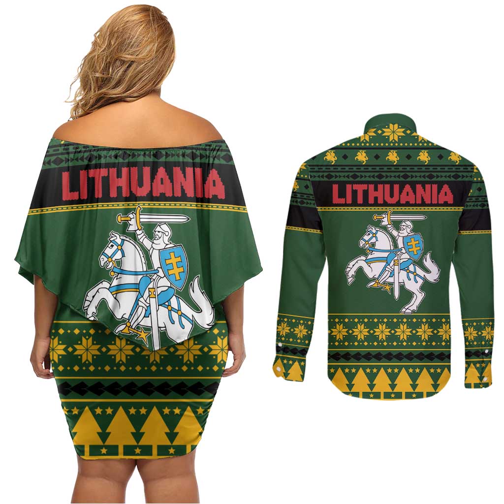 Lithuania Christmas Couples Matching Off Shoulder Short Dress and Long Sleeve Button Shirt Coat Of Arms Linksmu Kaledu - Wonder Print Shop