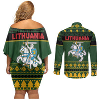 Lithuania Christmas Couples Matching Off Shoulder Short Dress and Long Sleeve Button Shirt Coat Of Arms Linksmu Kaledu - Wonder Print Shop