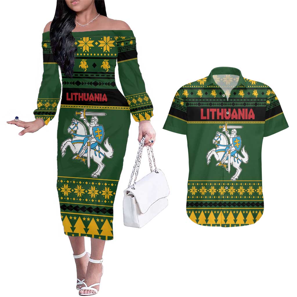 Lithuania Christmas Couples Matching Off The Shoulder Long Sleeve Dress and Hawaiian Shirt Coat Of Arms Linksmu Kaledu - Wonder Print Shop