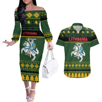Lithuania Christmas Couples Matching Off The Shoulder Long Sleeve Dress and Hawaiian Shirt Coat Of Arms Linksmu Kaledu - Wonder Print Shop