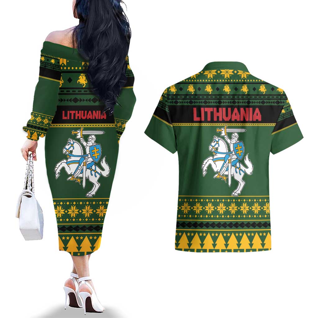 Lithuania Christmas Couples Matching Off The Shoulder Long Sleeve Dress and Hawaiian Shirt Coat Of Arms Linksmu Kaledu - Wonder Print Shop