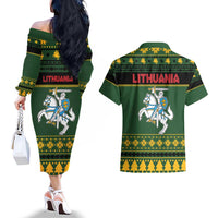 Lithuania Christmas Couples Matching Off The Shoulder Long Sleeve Dress and Hawaiian Shirt Coat Of Arms Linksmu Kaledu - Wonder Print Shop