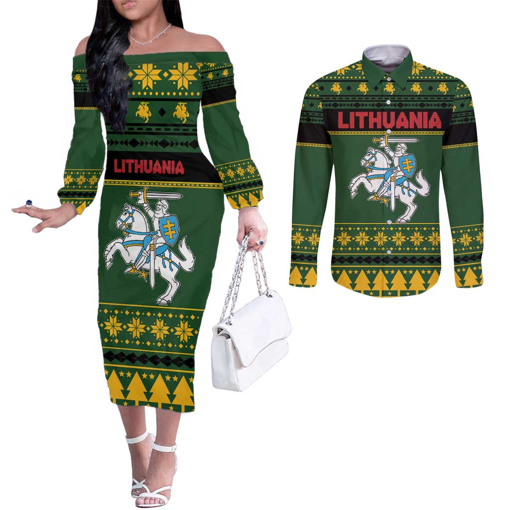 Lithuania Christmas Couples Matching Off The Shoulder Long Sleeve Dress and Long Sleeve Button Shirt Coat Of Arms Linksmu Kaledu - Wonder Print Shop