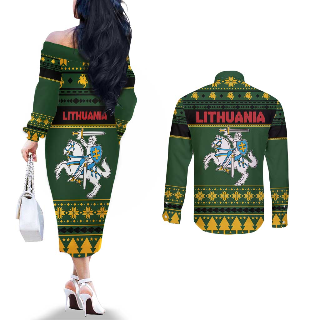 Lithuania Christmas Couples Matching Off The Shoulder Long Sleeve Dress and Long Sleeve Button Shirt Coat Of Arms Linksmu Kaledu - Wonder Print Shop