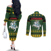 Lithuania Christmas Couples Matching Off The Shoulder Long Sleeve Dress and Long Sleeve Button Shirt Coat Of Arms Linksmu Kaledu - Wonder Print Shop