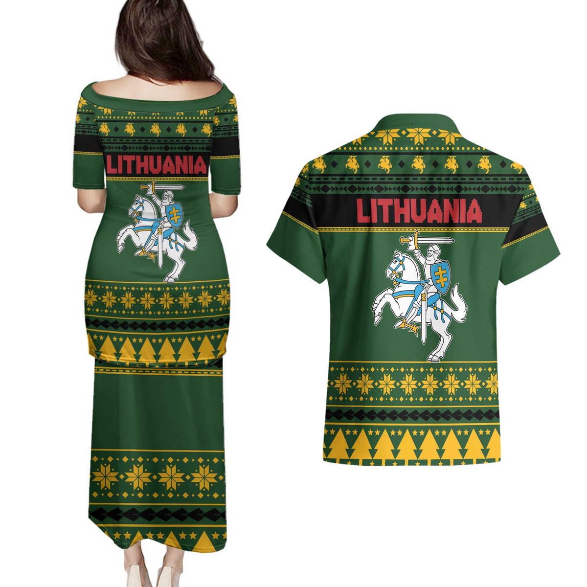 Lithuania Christmas Couples Matching Puletasi and Hawaiian Shirt Coat Of Arms Linksmu Kaledu - Wonder Print Shop
