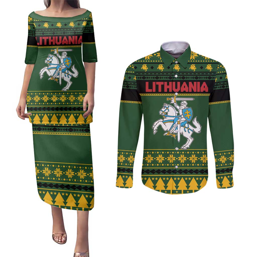 Lithuania Christmas Couples Matching Puletasi and Long Sleeve Button Shirt Coat Of Arms Linksmu Kaledu - Wonder Print Shop