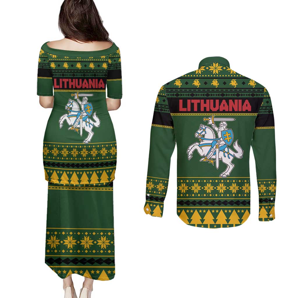 Lithuania Christmas Couples Matching Puletasi and Long Sleeve Button Shirt Coat Of Arms Linksmu Kaledu - Wonder Print Shop