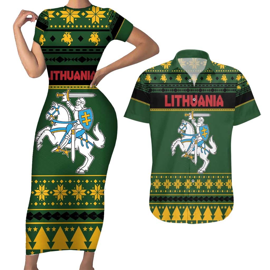 Lithuania Christmas Couples Matching Short Sleeve Bodycon Dress and Hawaiian Shirt Coat Of Arms Linksmu Kaledu - Wonder Print Shop