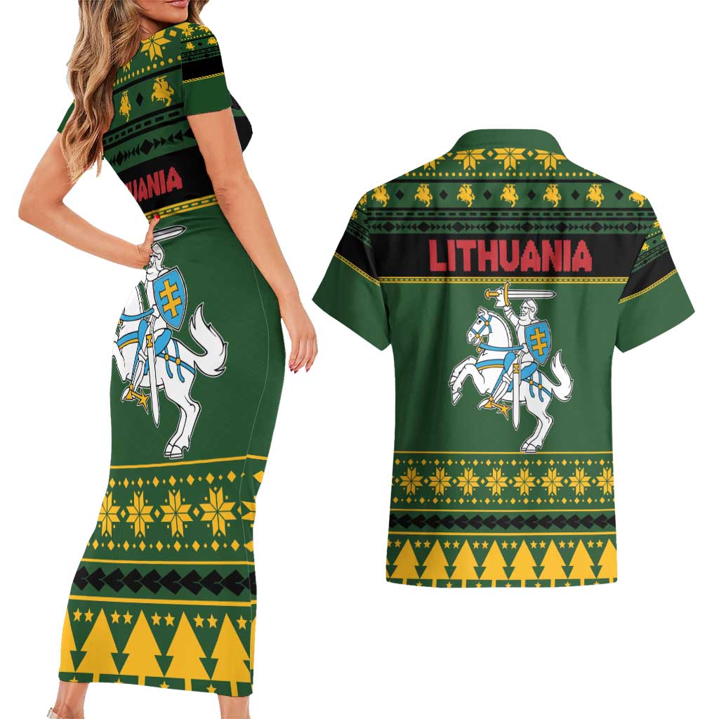 Lithuania Christmas Couples Matching Short Sleeve Bodycon Dress and Hawaiian Shirt Coat Of Arms Linksmu Kaledu - Wonder Print Shop