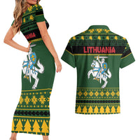 Lithuania Christmas Couples Matching Short Sleeve Bodycon Dress and Hawaiian Shirt Coat Of Arms Linksmu Kaledu - Wonder Print Shop