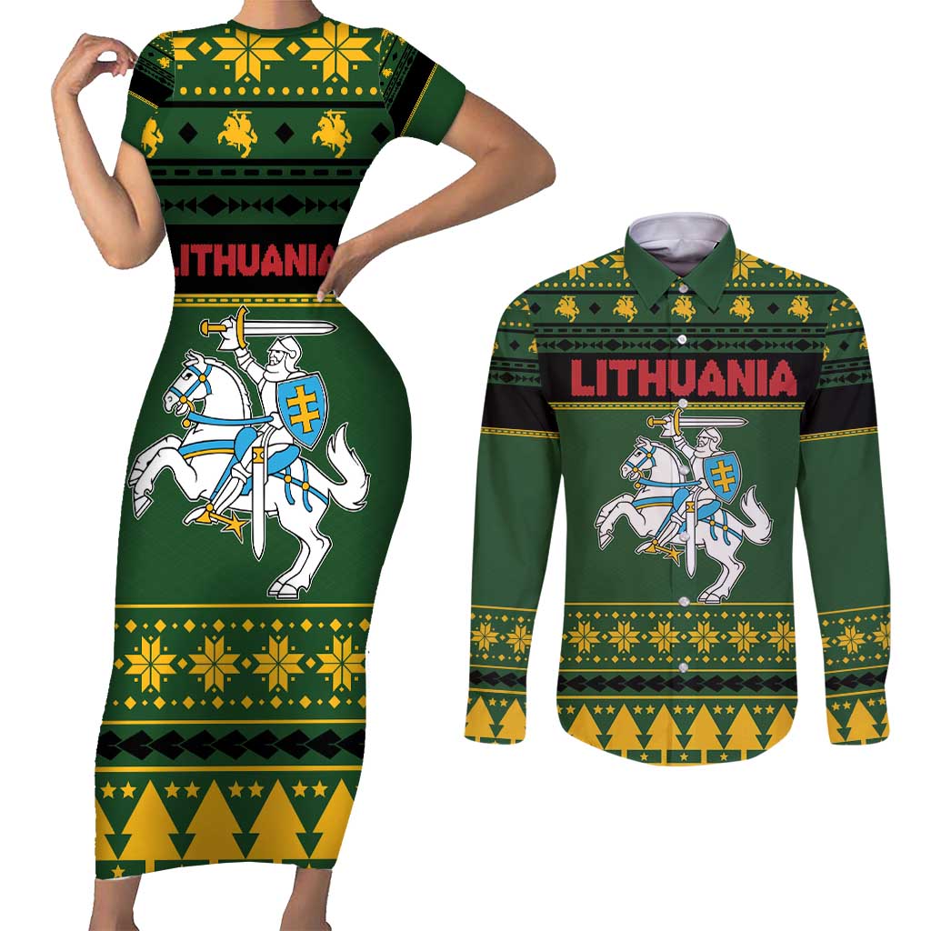 Lithuania Christmas Couples Matching Short Sleeve Bodycon Dress and Long Sleeve Button Shirt Coat Of Arms Linksmu Kaledu - Wonder Print Shop