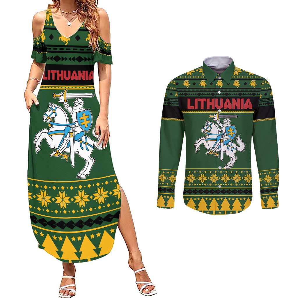 Lithuania Christmas Couples Matching Summer Maxi Dress and Long Sleeve Button Shirt Coat Of Arms Linksmu Kaledu - Wonder Print Shop