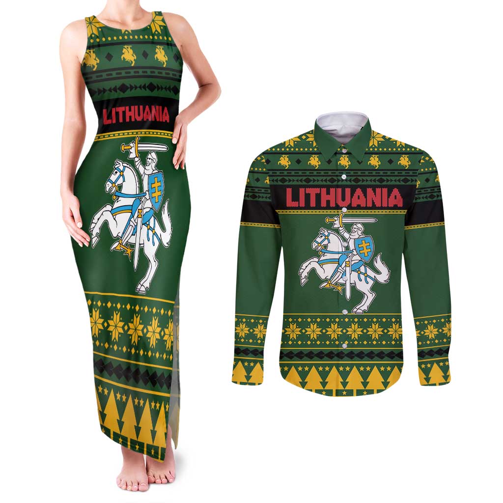 Lithuania Christmas Couples Matching Tank Maxi Dress and Long Sleeve Button Shirt Coat Of Arms Linksmu Kaledu - Wonder Print Shop