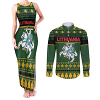 Lithuania Christmas Couples Matching Tank Maxi Dress and Long Sleeve Button Shirt Coat Of Arms Linksmu Kaledu - Wonder Print Shop