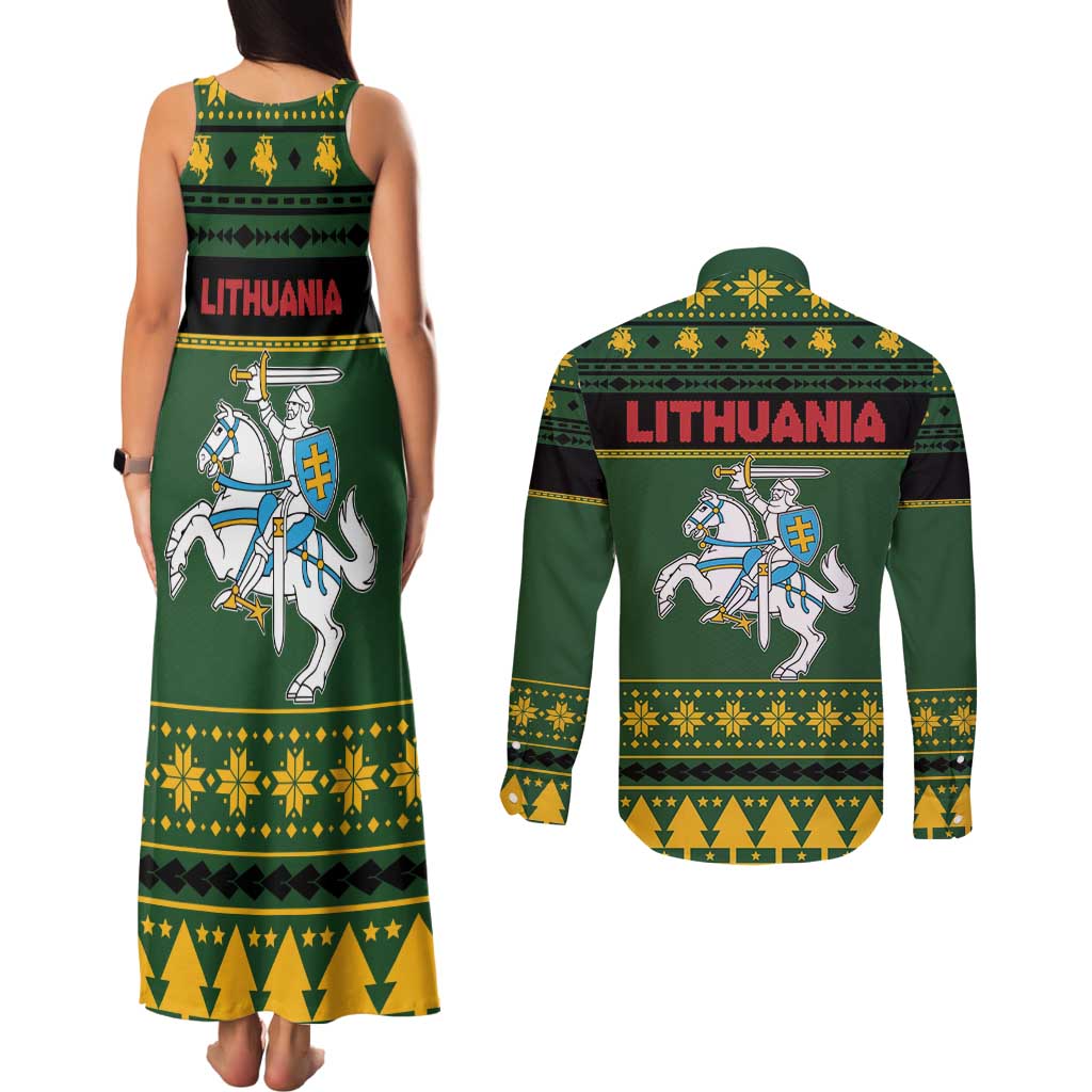 Lithuania Christmas Couples Matching Tank Maxi Dress and Long Sleeve Button Shirt Coat Of Arms Linksmu Kaledu - Wonder Print Shop
