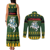 Lithuania Christmas Couples Matching Tank Maxi Dress and Long Sleeve Button Shirt Coat Of Arms Linksmu Kaledu - Wonder Print Shop